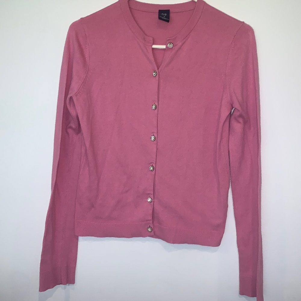 Gap pink wool blend cardigan adorned with rhinestone buttons